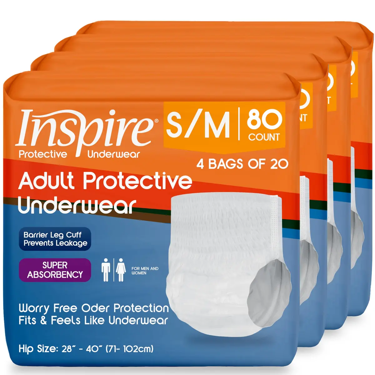 Inspire Protective Underwear for Men and Women | Adult Diapers | Disposable Pull Ups - 4 Bags of 20 | 80 Total (Small/Medium) - main product image