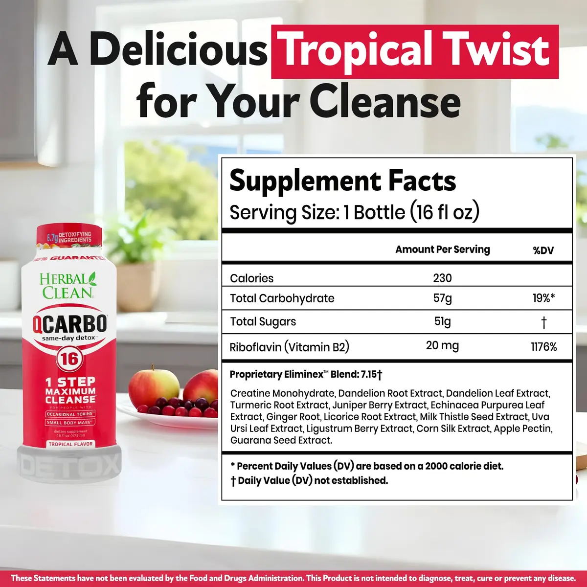 Herbal Clean Qcarbo16 Same-Day Detox Cleanse Drink 16 Fl Oz | Tropical Flavor for Moderate Toxin Levels - view 3