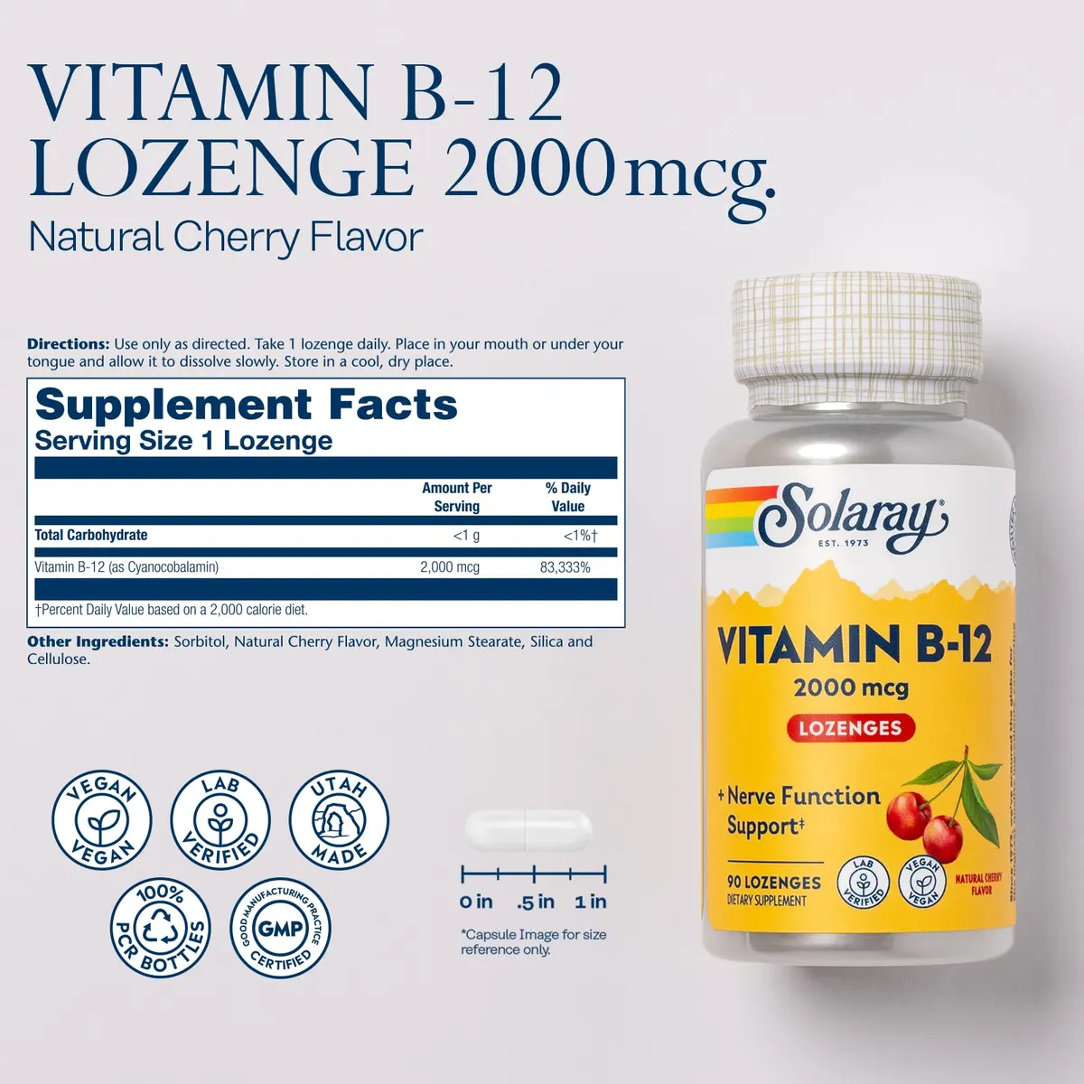 SOLARAY Vitamin B12 2000 mcg Lozenges No Sugar Cherry Flavor | Supports Nerve & Energy - view 2