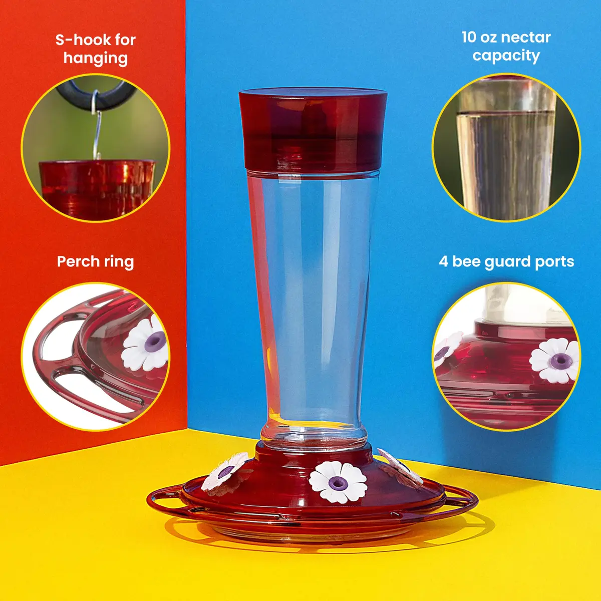 More Birds Ruby Hummingbird Feeder 295ml (10 Ounce) | Attracts More Birds with 4 Feeding Stations - view 3