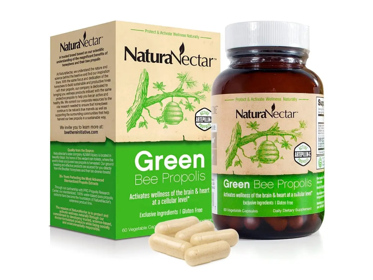 NaturaNectar Green Bee Propolis Capsules 60pcs | NSF Certified Brazilian Green Propolis for Immunity & Brain - main product image