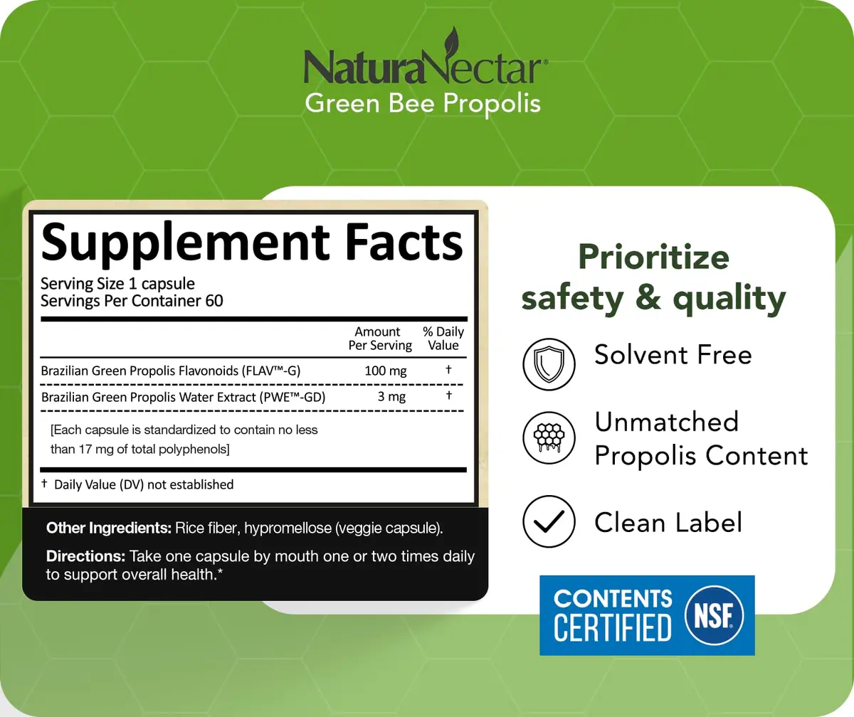 NaturaNectar Green Bee Propolis Capsules 60pcs | NSF Certified Brazilian Green Propolis for Immunity & Brain - view 5