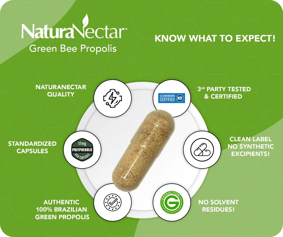 NaturaNectar Green Bee Propolis Capsules 60pcs | NSF Certified Brazilian Green Propolis for Immunity & Brain - view 3