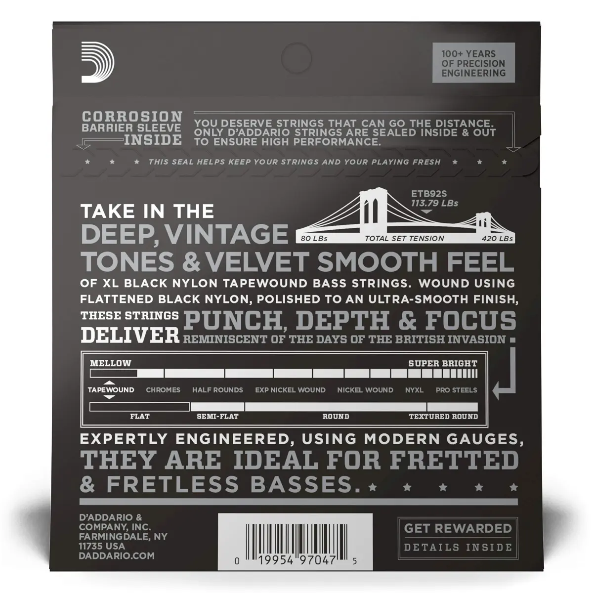 D'Addario ETB92S Tapewound Bass Strings | Short Scale, 50-105 Gauge, Black Nylon - view 3