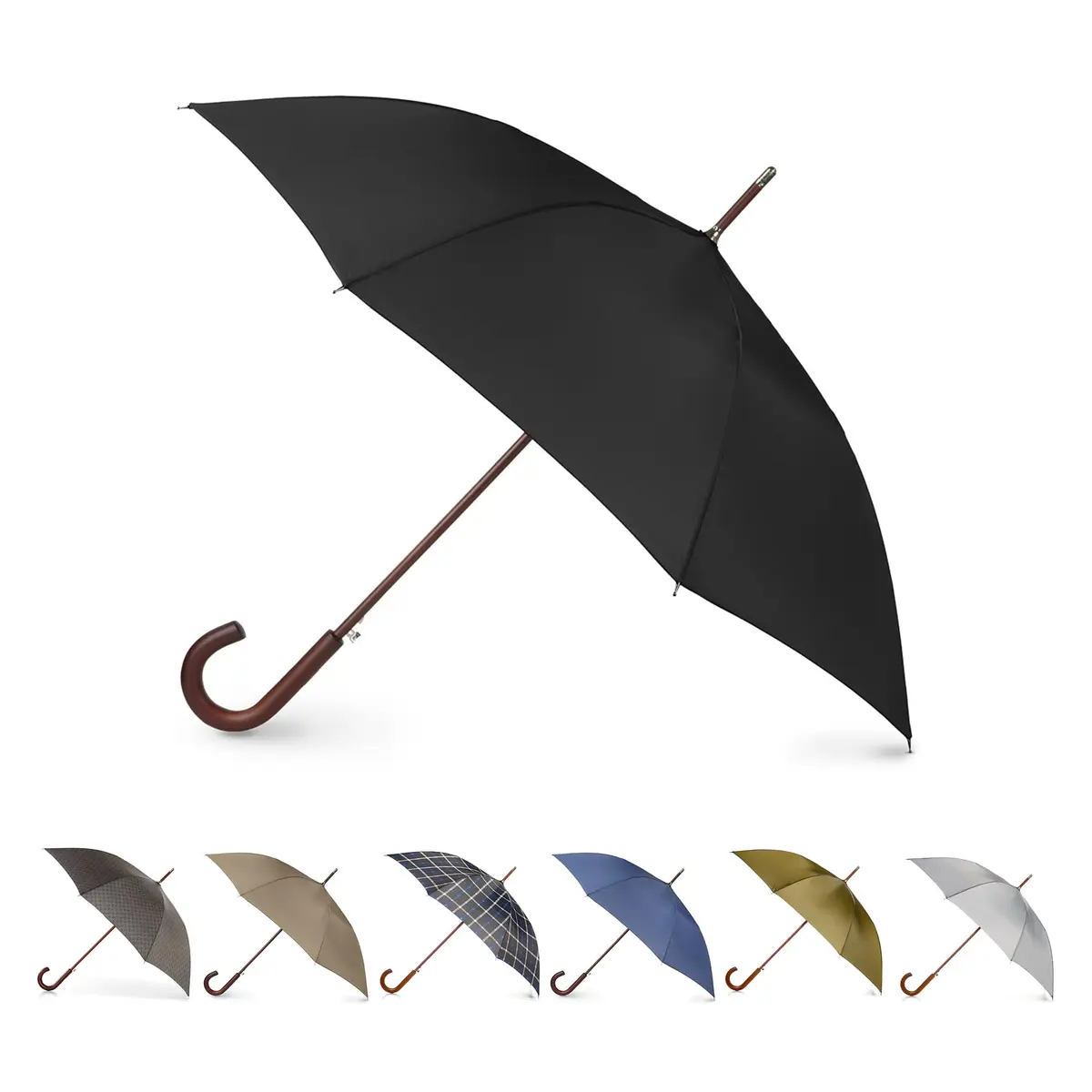 Totes Auto Open Water Repellent Stick Umbrella with Classic Wood J Hook Handle | 48" Canopy, Water-Resistant, Auto Open - main product image
