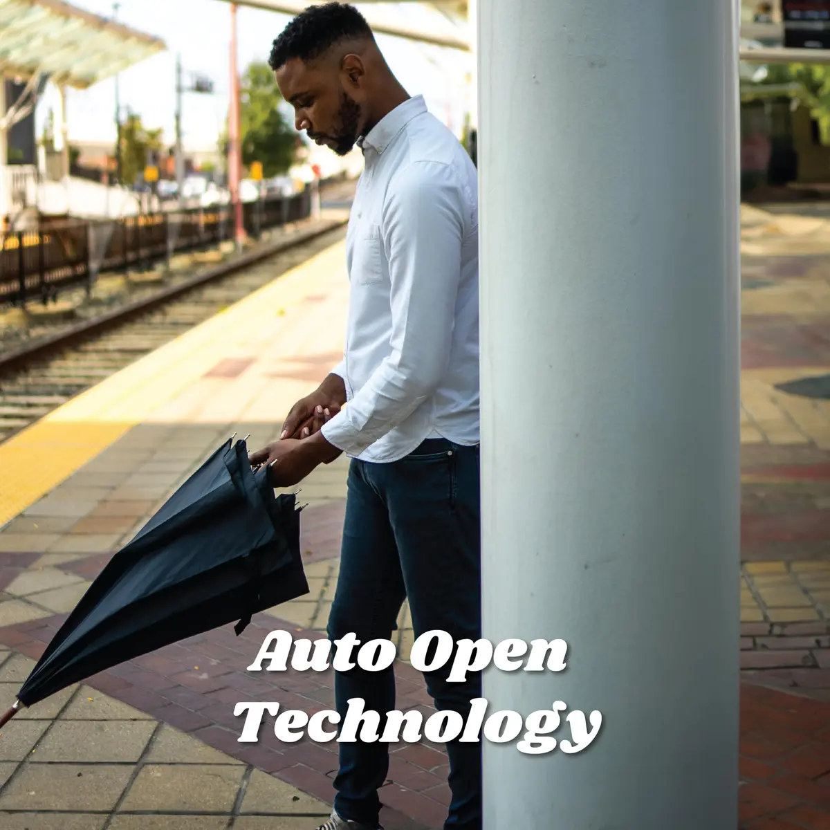 Totes Auto Open Water Repellent Stick Umbrella with Classic Wood J Hook Handle | 122 cm (48 inch) Canopy - view 5