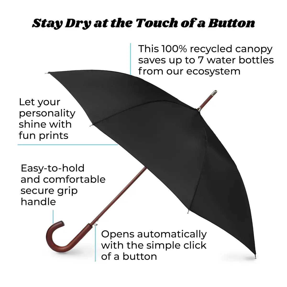 Totes Auto Open Water Repellent Stick Umbrella with Classic Wood J Hook Handle | 122 cm (48 inch) Canopy - view 2