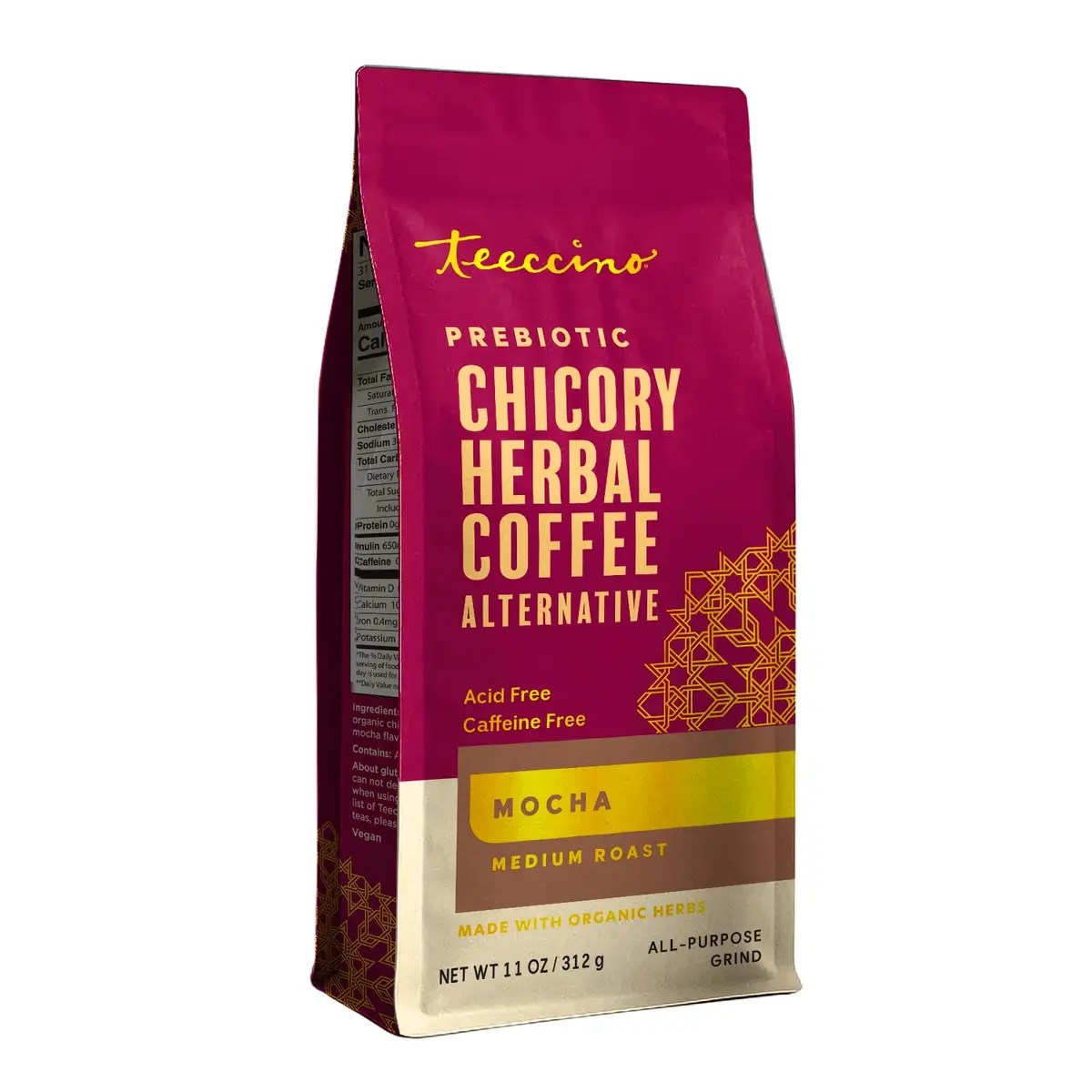 Teeccino Mocha Chicory Coffee Alternative - 11 Ounce - Ground Herbal Coffee That’s Prebiotic, Caffeine-Free & Acid Free, Medium Roast - main product image