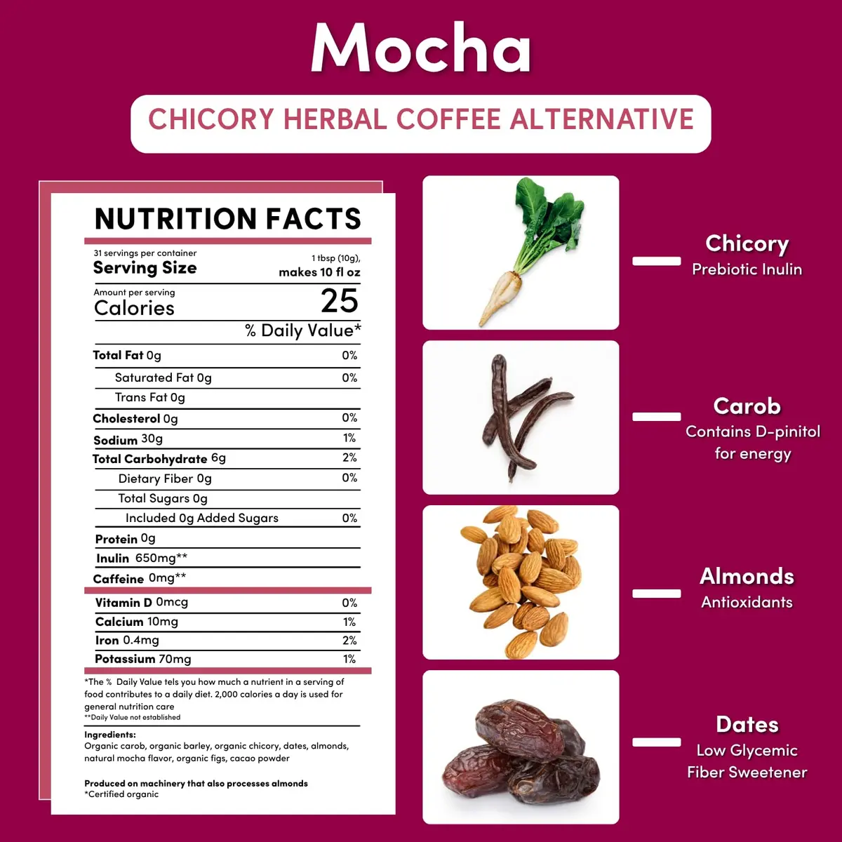 Teeccino Mocha Chicory Coffee Alternative - 11 Ounce - Ground Herbal Coffee That’s Prebiotic, Caffeine-Free & Acid Free, Medium Roast - view 3