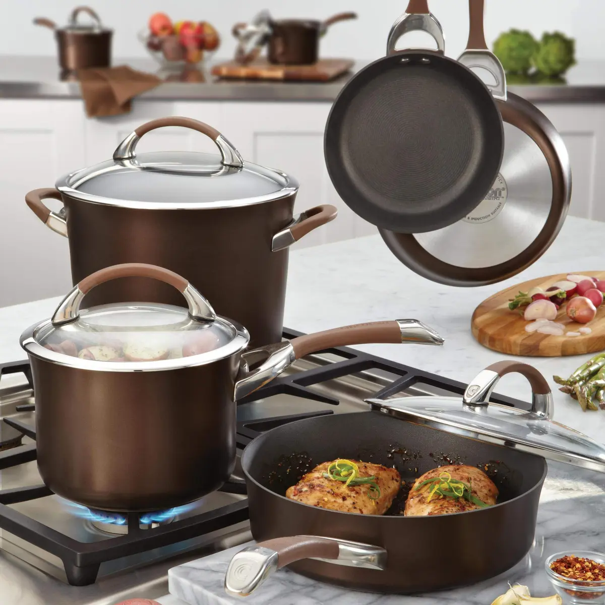 Circulon Symmetry Non Stick Pots and Pans Set, 11-Piece, Chocolate | Durable Hard-Anodized Cookware for Healthy Cooking - view 2