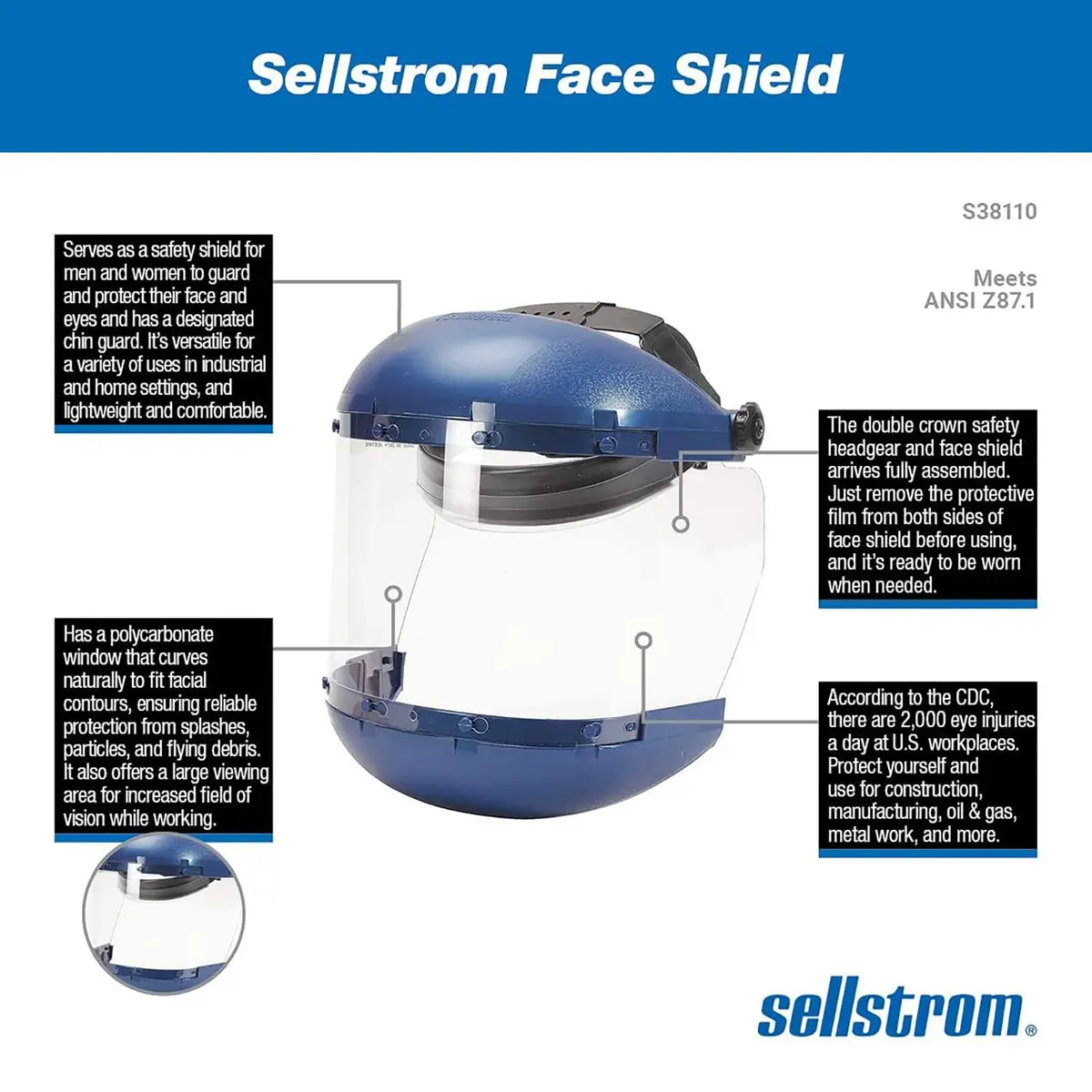 Sellstrom 380 Series Face Shield Lightweight High Impact Polycarbonate Clear Tint with Adjustable Ratchet Headgear for Grinding Cutting CSA Z94.3 - view 2