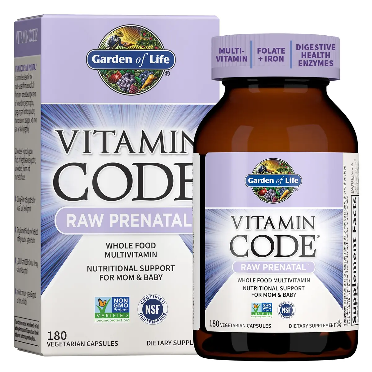 Garden of Life Vitamin Code Raw Prenatal Multivitamin for Women with Iron, Folate, Probiotics and Whole Food Nutrients - Immune and Cellular Energy Support, Non-GMO, Gluten-Free, Kosher, 180 Count - main product image