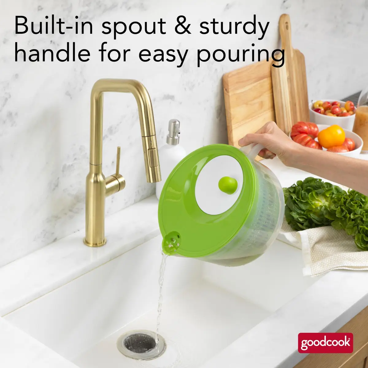 GoodCook Salad Spinner - 6 Qt. Capacity, Easy Turn Knob, Built-In Pour Spout, Multi-Use Basket, Durable, Dishwasher-Safe, Green - view 6