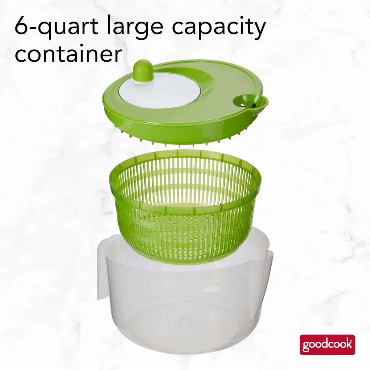 GoodCook Salad Spinner - 6 Qt. Capacity, Easy Turn Knob, Built-In Pour Spout, Multi-Use Basket, Durable, Dishwasher-Safe, Green - view 2