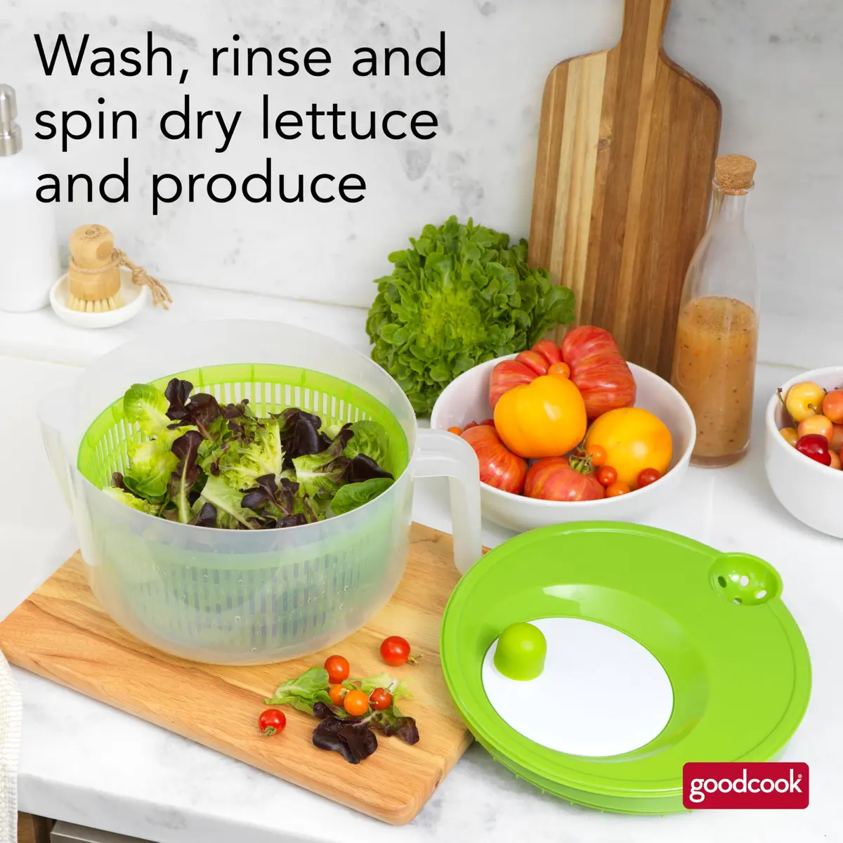 GoodCook Salad Spinner - 6 Qt. Capacity, Easy Turn Knob, Built-In Pour Spout, Multi-Use Basket, Durable, Dishwasher-Safe, Green - view 3