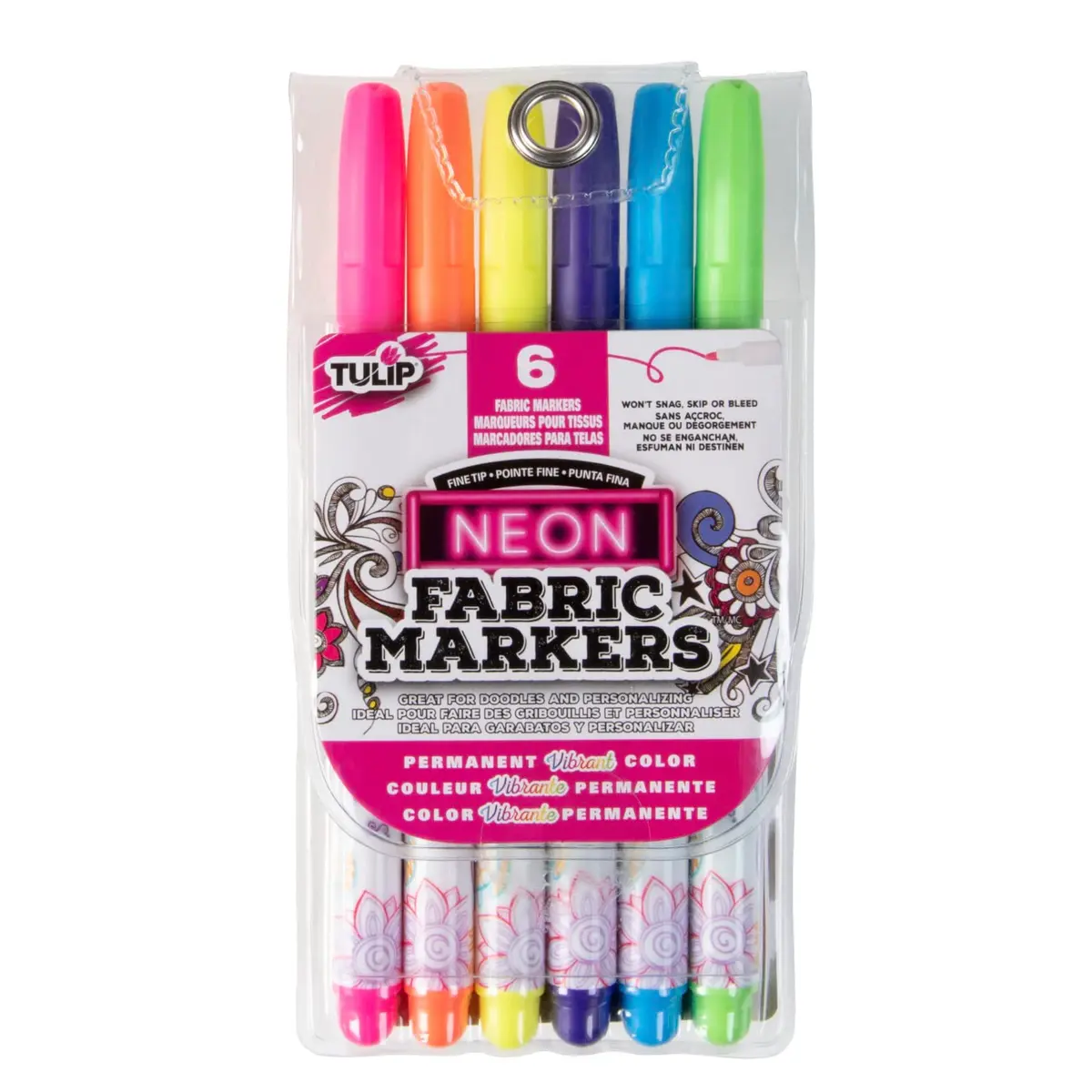 Tulip Permanent Fabric Markers Neon 6 Pack | Fine Tip, Child Safe, Non-Toxic, Wash-Fast - main product image