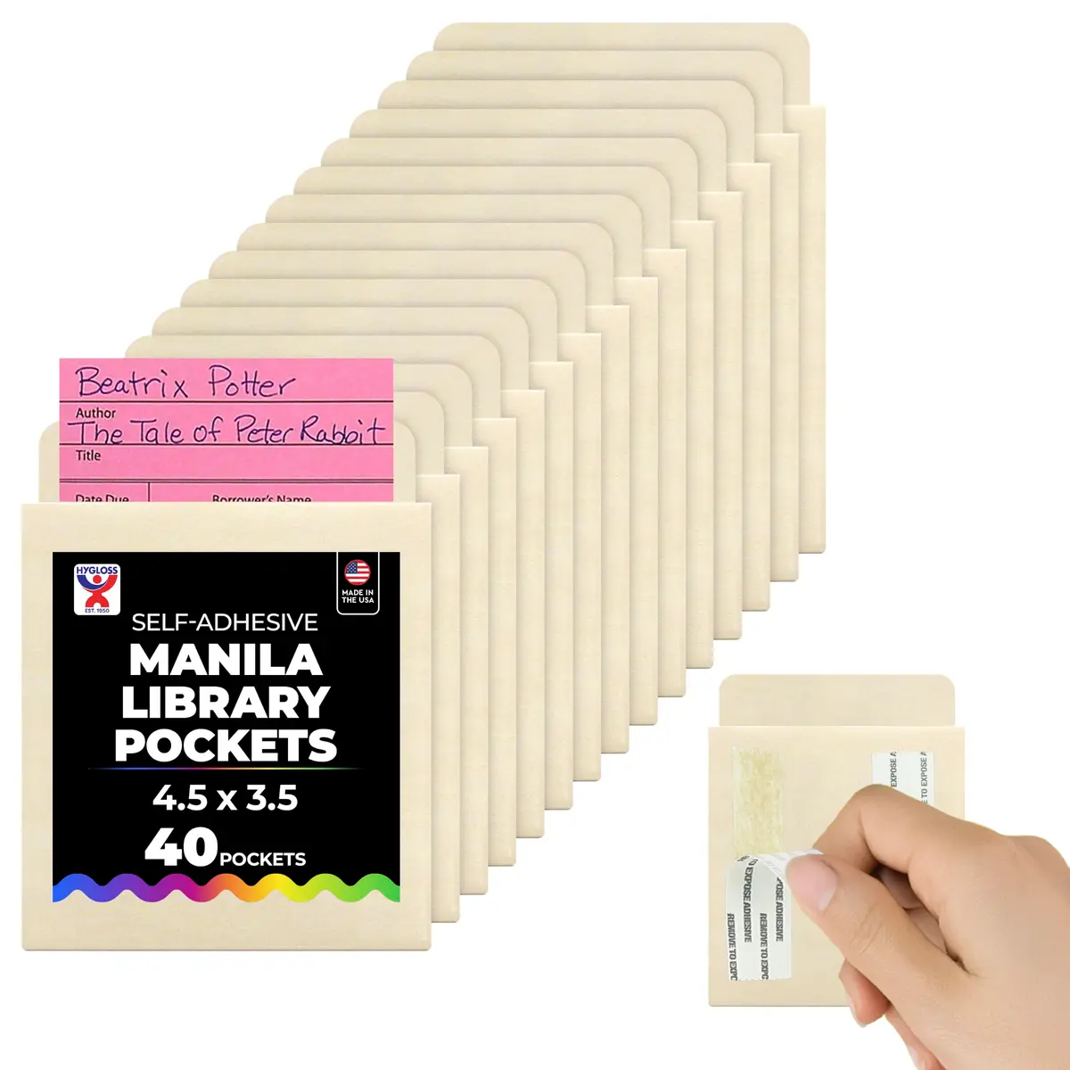 Hygloss Manila Library Pockets Self-Adhesive 4.5 x 3.5 Inches (40 Pack) | Acid-Free Paper for Lasting Organization - main product image