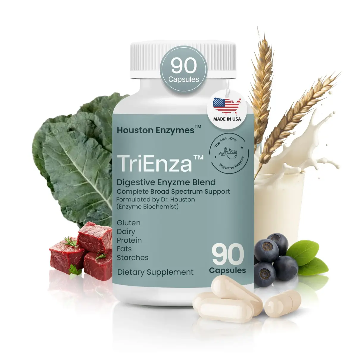 Houston Enzymes TriEnza Digestive Enzymes 90 Capsules | Supports Protein, Carb, Fat Digestion - main product image