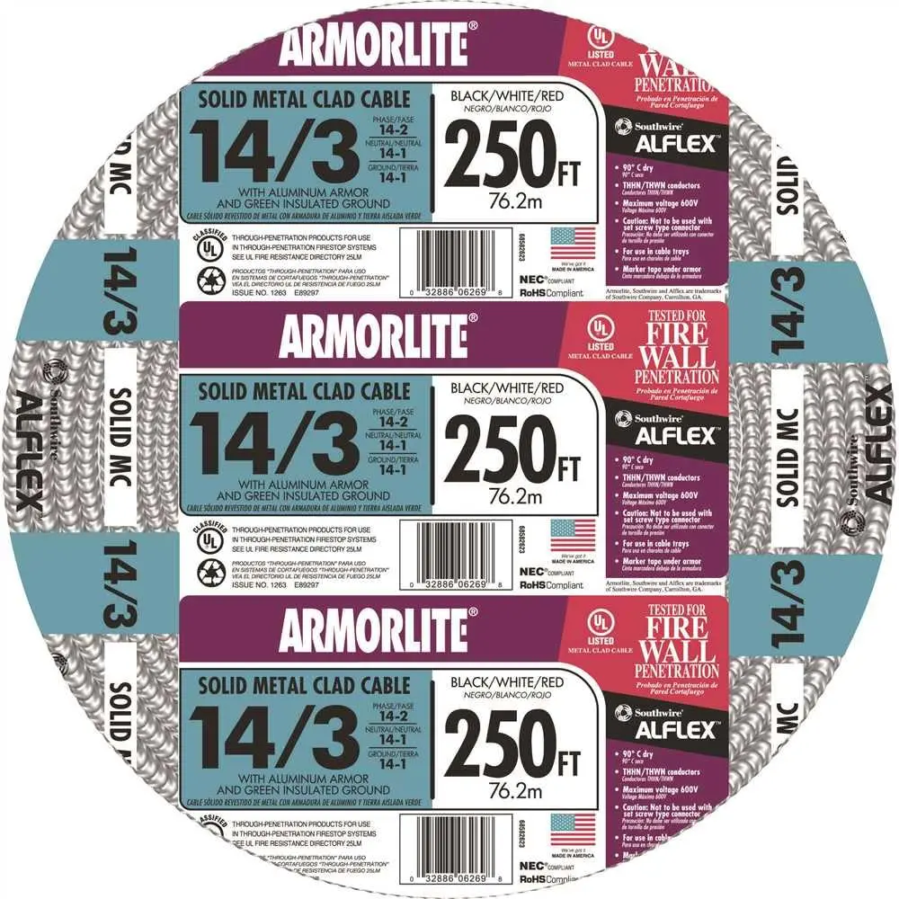 Southwire Armorlite Type MC Aluminum Armored Cable 14/3 600V 250 Ft Coil | Suitable for Commercial & Industrial Wiring - main product image
