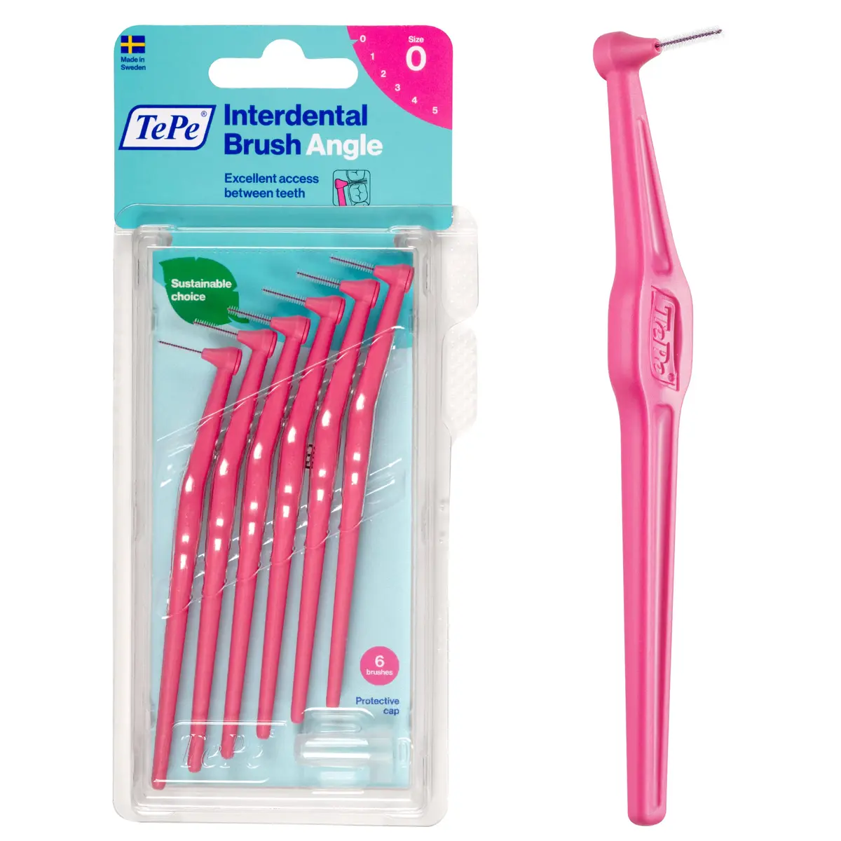 TePe Interdental Brush Angle, Pink, Size 0 | Angled Dental Brush for Teeth Cleaning, Pack of 6 - main product image