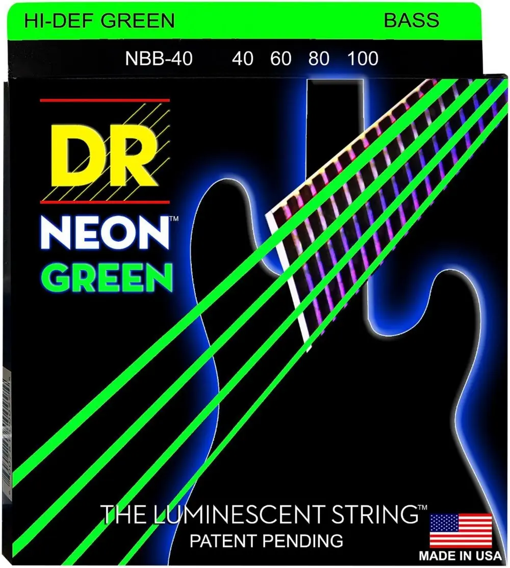 DR Strings NGB-40 Hi-Def Neon Green K3 Coated Bass Guitar Strings - .040-.100 Light | Bright, Long-Lasting Neon Coated Strings for Bass - main product image