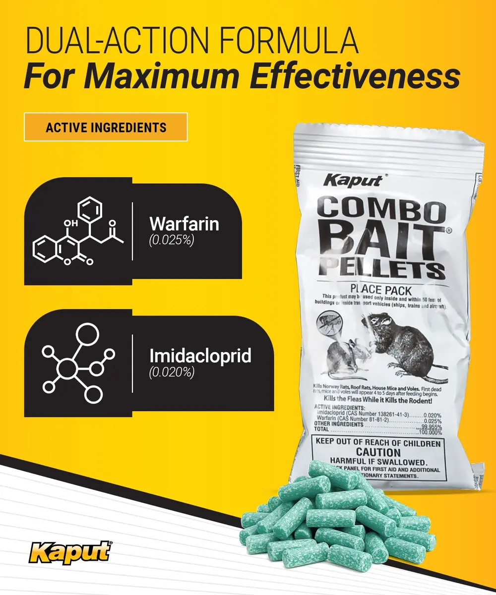 Kaput Combo Bait Pellets Rat & Flea Killer with Warfarin & Imidacloprid, 64 oz (32 x 2oz Place Packs) | EPA Registered Rodenticide - view 2
