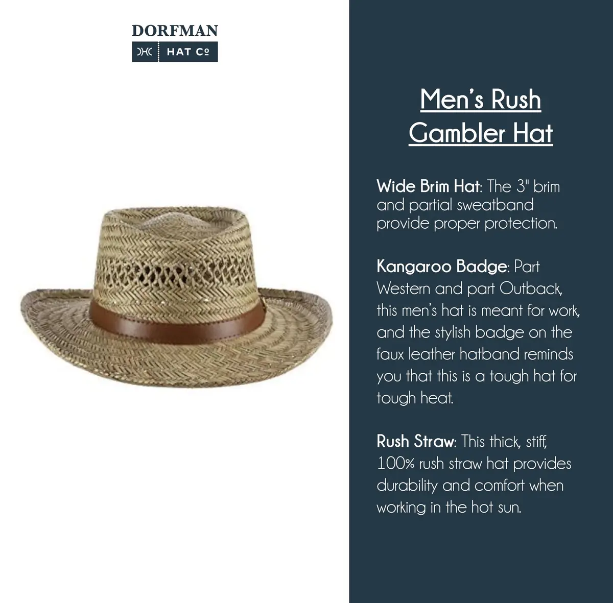 Dorfman Pacific Rush Gambler Hat for Men, Straw Sun Hat, Wide Brim UV Protection | Durable & Ventilated - view 4