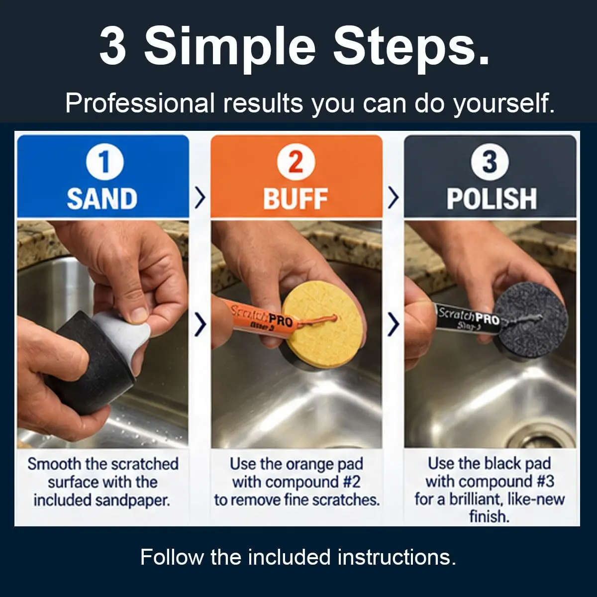 Scratch Pro Stainless Steel Sink Scratch Remover & Polishing Kit | 3-Step Diamond Technology for Dull & Scratched Surfaces - view 3