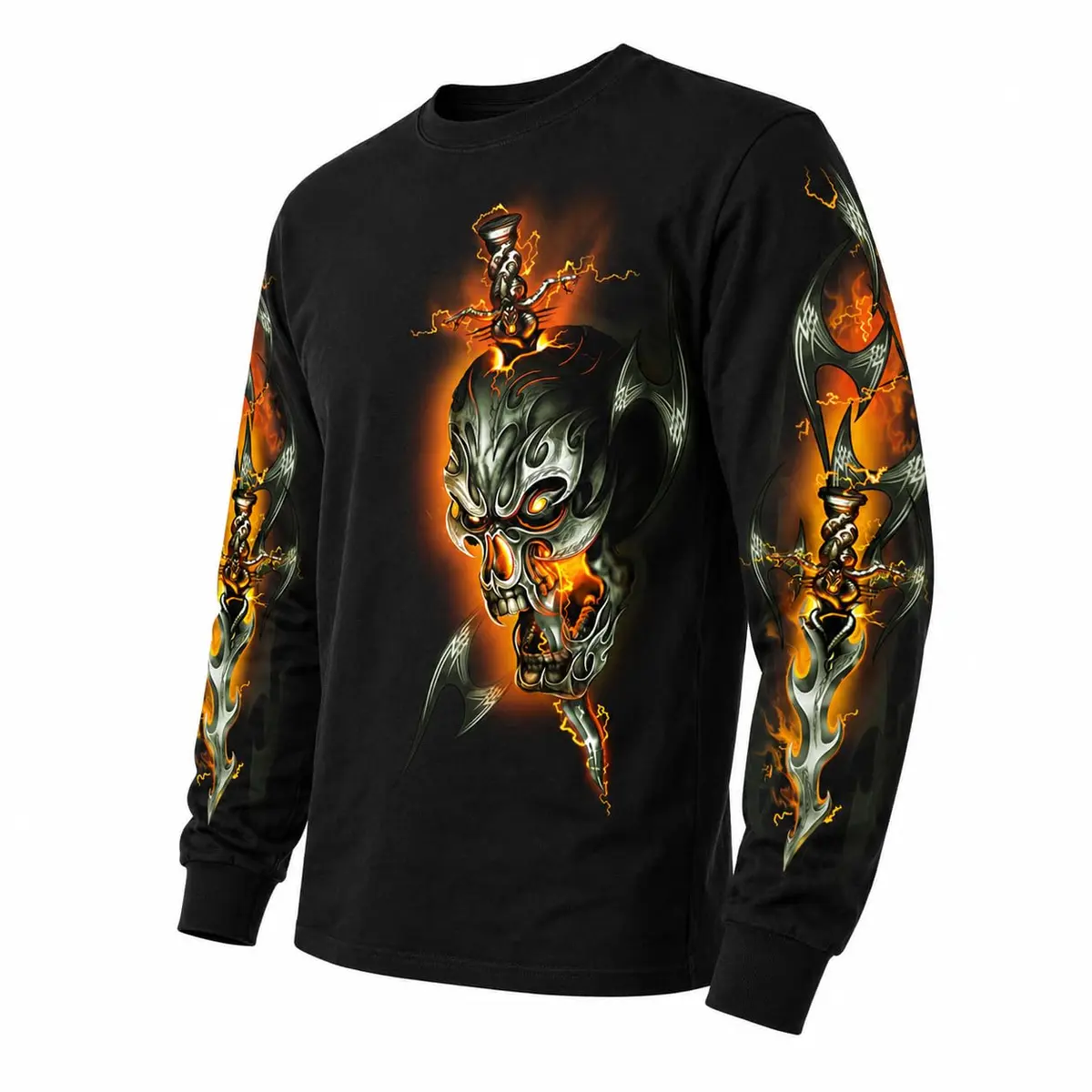 Hot Leathers Electric Skull Long Sleeve Shirt X-Large | Classic Biker Style, 100% Cotton, Black - main product image