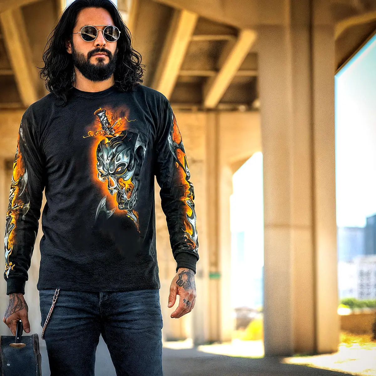 Hot Leathers Electric Skull Long Sleeve Shirt X-Large | Classic Biker Style, 100% Cotton, Black - view 3