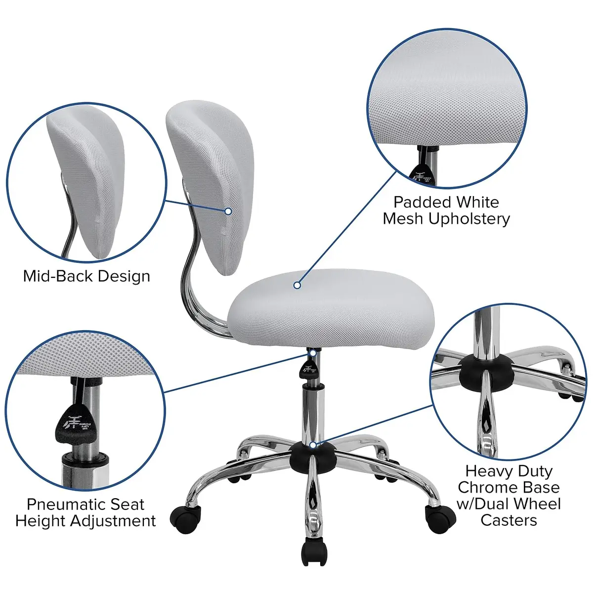 Flash Furniture Mesh Swivel Office Chair with Chrome Base, White | Modern, Armless, 23.5"W x 25.5"D x 33.5-37.5"H - view 6