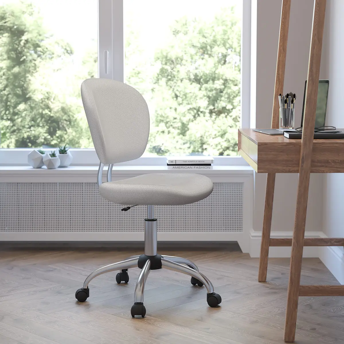 Flash Furniture Mesh Swivel Office Chair with Chrome Base, White | Modern, Armless, 23.5"W x 25.5"D x 33.5-37.5"H - view 2