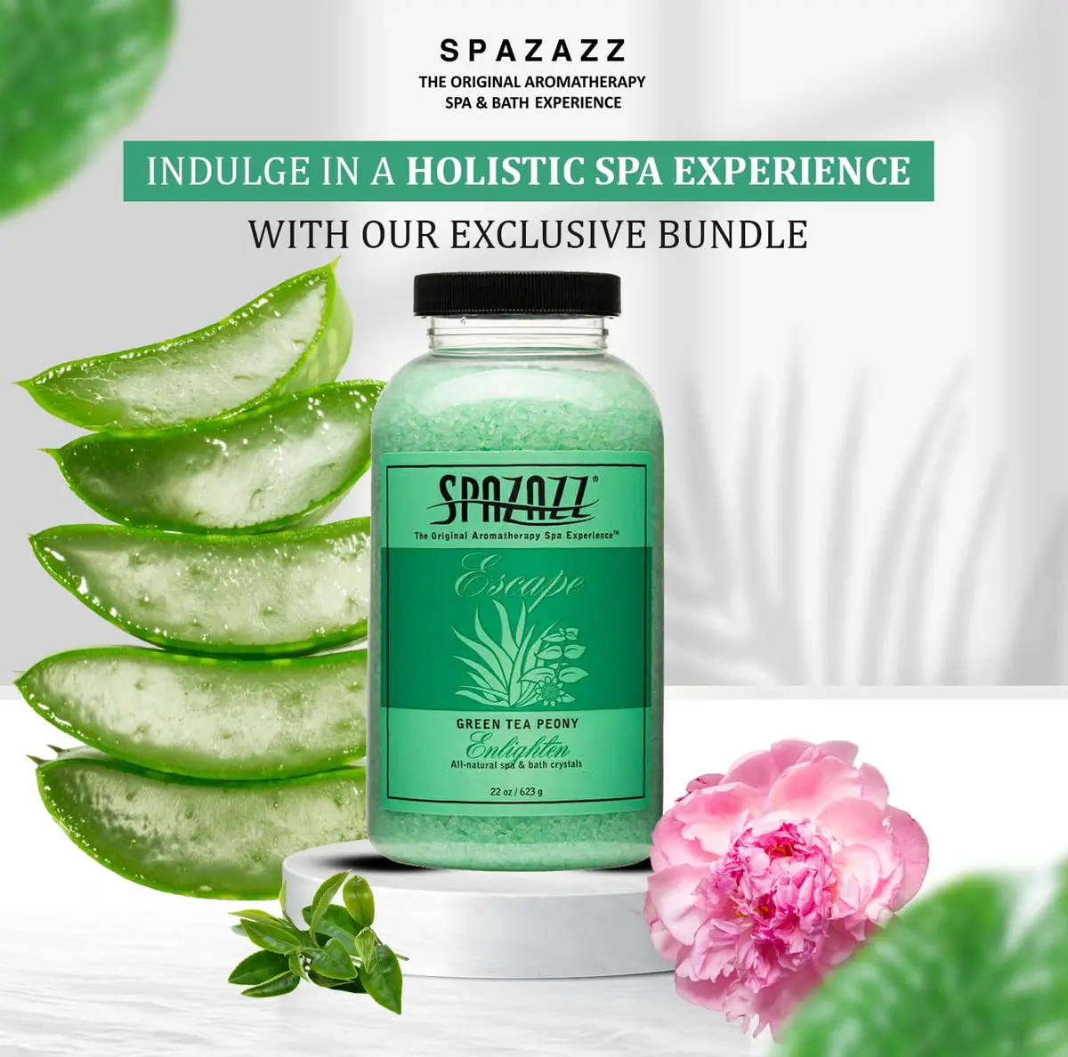 Spazazz Escape Green Tea Peony Aromatherapy Salt Crystals | Spa Salt for Relaxation & Stress Relief (22 oz) - view 4