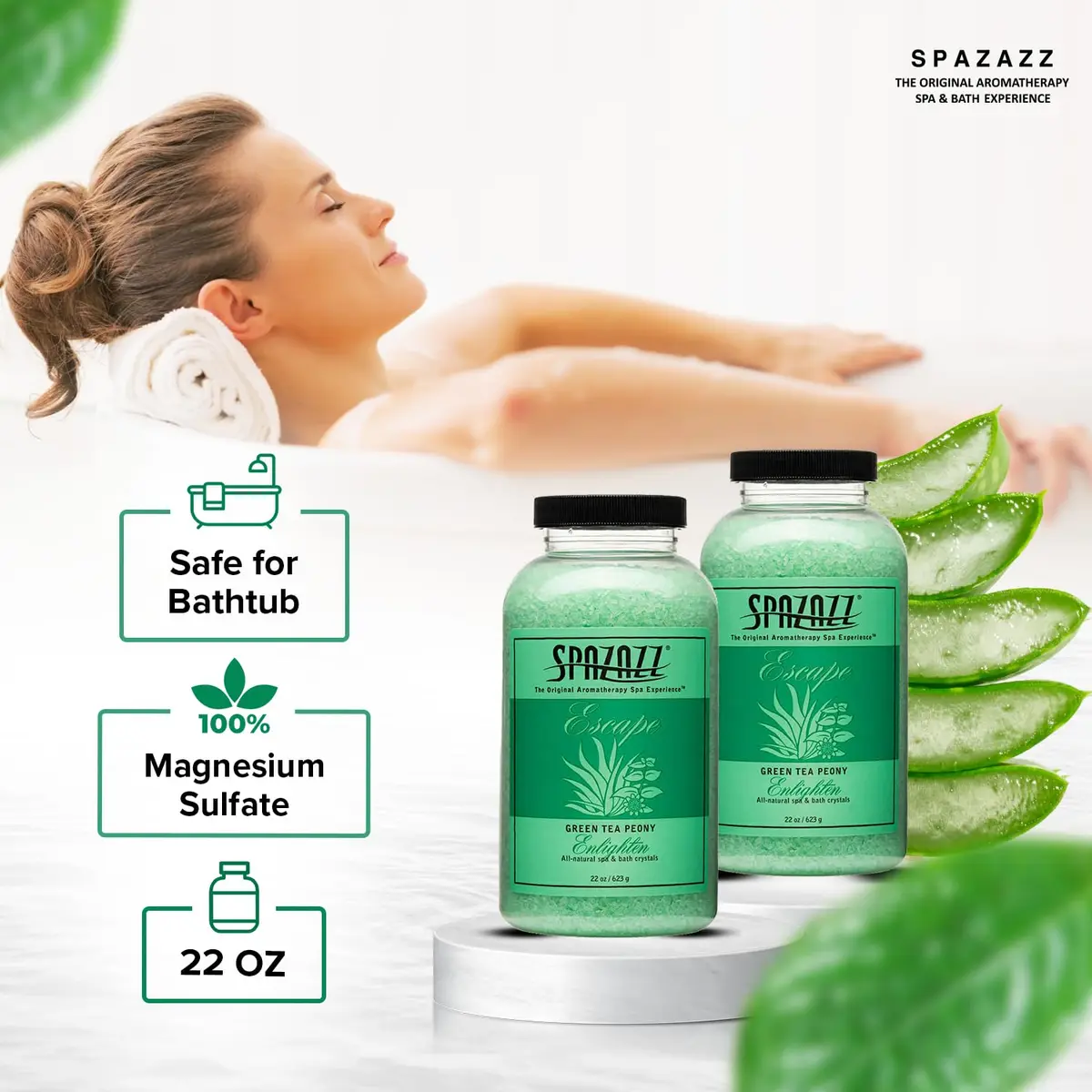 Spazazz Escape Green Tea Peony Aromatherapy Salt Crystals | Spa Salt for Relaxation & Stress Relief (22 oz) - view 5