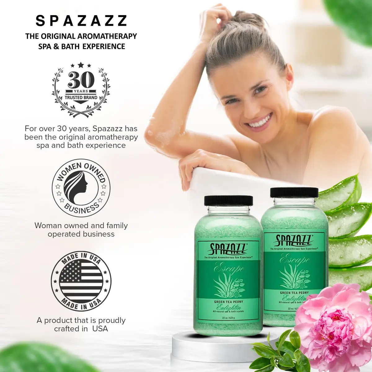 Spazazz Escape Green Tea Peony Aromatherapy Salt Crystals | Spa Salt for Relaxation & Stress Relief (22 oz) - view 6