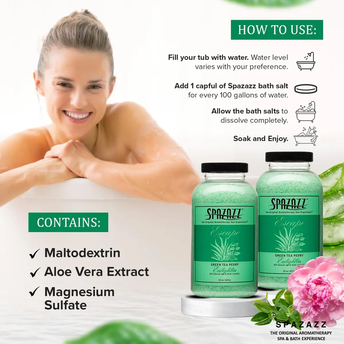Spazazz Escape Green Tea Peony Aromatherapy Salt Crystals | Spa Salt for Relaxation & Stress Relief (22 oz) - view 7