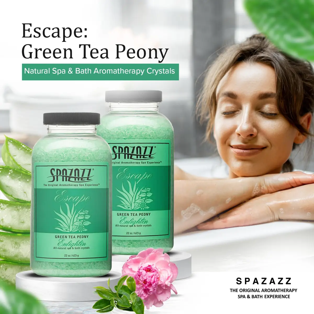 Spazazz Escape Green Tea Peony Aromatherapy Salt Crystals | Spa Salt for Relaxation & Stress Relief (22 oz) - view 3