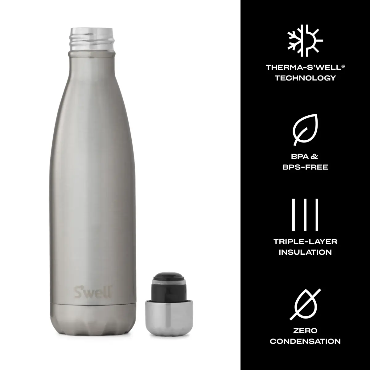 S'well Stainless Steel Water Bottle 500ml (17 Fl Oz) Silver Lining | Triple-Layered Vacuum-Insulated Container - view 3