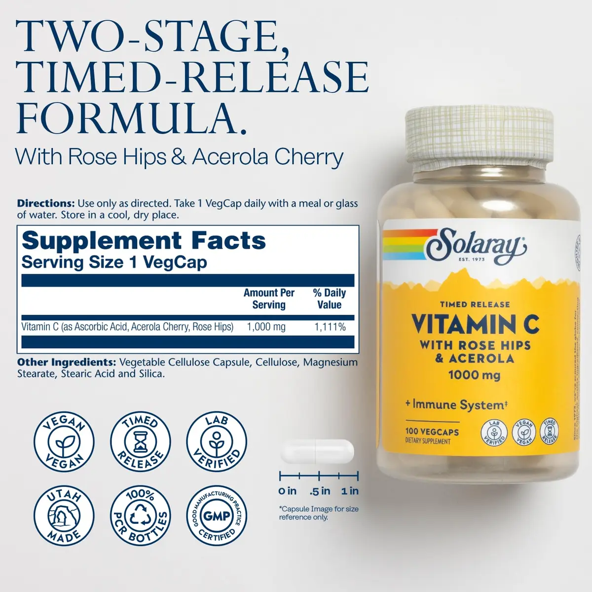 SOLARAY Vitamin C 1000mg - Time Release Capsules with Rose Hips & Acerola | All-Day Immune Support - view 2