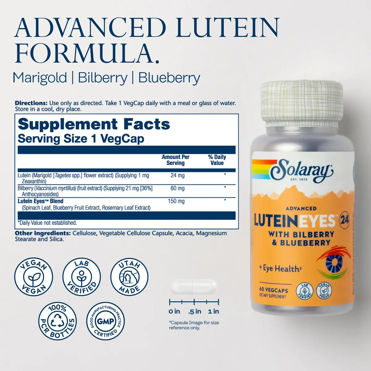 SOLARAY Advanced Lutein 24 mg with Zeaxanthin, Blueberry & Bilberry Extract | Vegan Eye Support Supplement, 60 VegCaps - view 2
