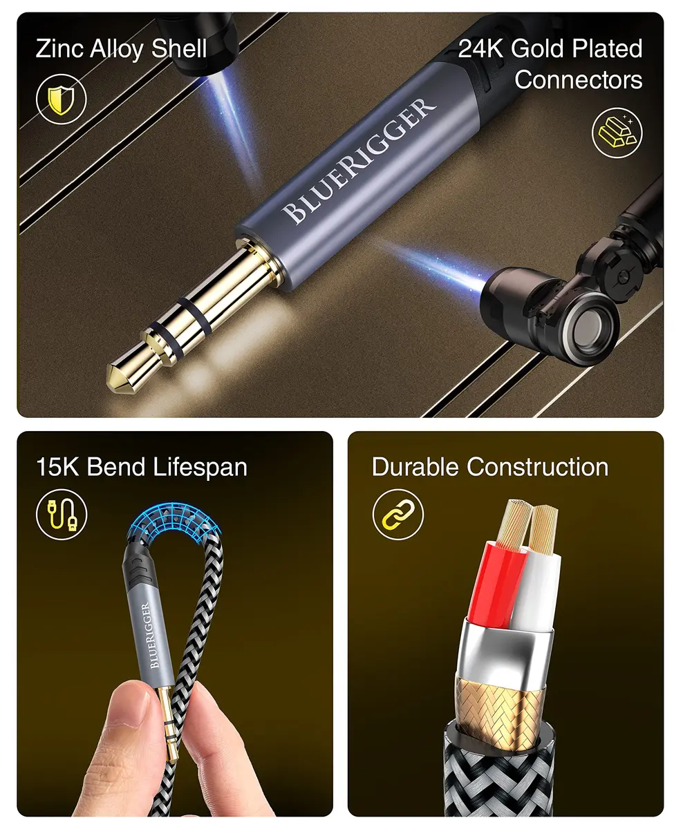 BlueRigger 3.5mm Stereo Audio Cable 15FT | Hi-Fi Sound, Gold Plated Jack, Auxiliary for Headphones & Car Stereo - view 6