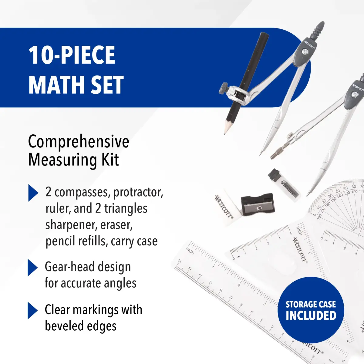 Westcott 10-Piece Geometry Math Set | Precision Tools for Students & Classrooms - view 2