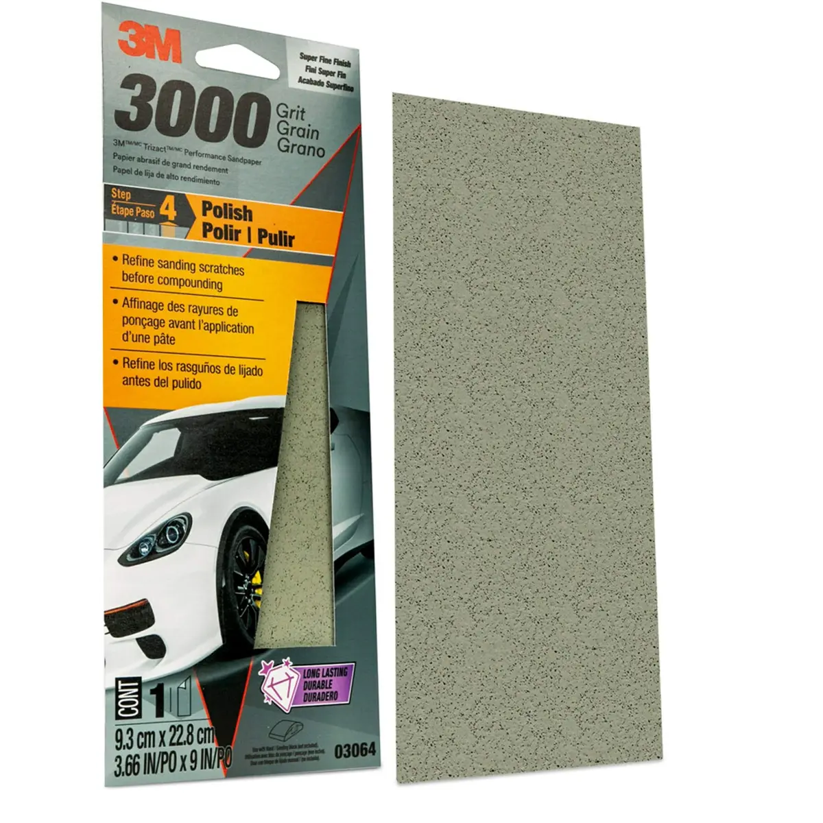 3M Performance 3000 Grit Sandpaper Sheet 9.5cm x 22.9cm (3-2/3 in x 9 in) | Polishes Clear Coat & Paint - view 3