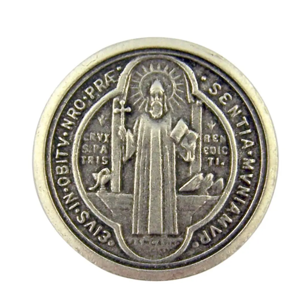 WJH Silver Tone Saint Benedict of Nursia Pocket Prayer Token Medal, 1 1/8 Inch | Religious Reminder - main product image