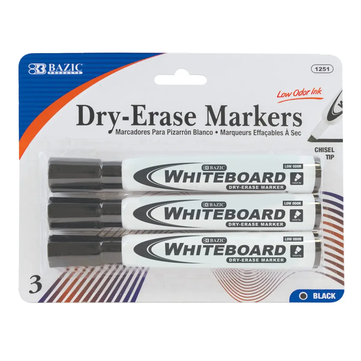 BAZIC PRODUCTS Black Chisel Tip Dry Erase Markers, Low-Odor, 3 Count | Writes Bold or Broad Lines on Whiteboards - main product image