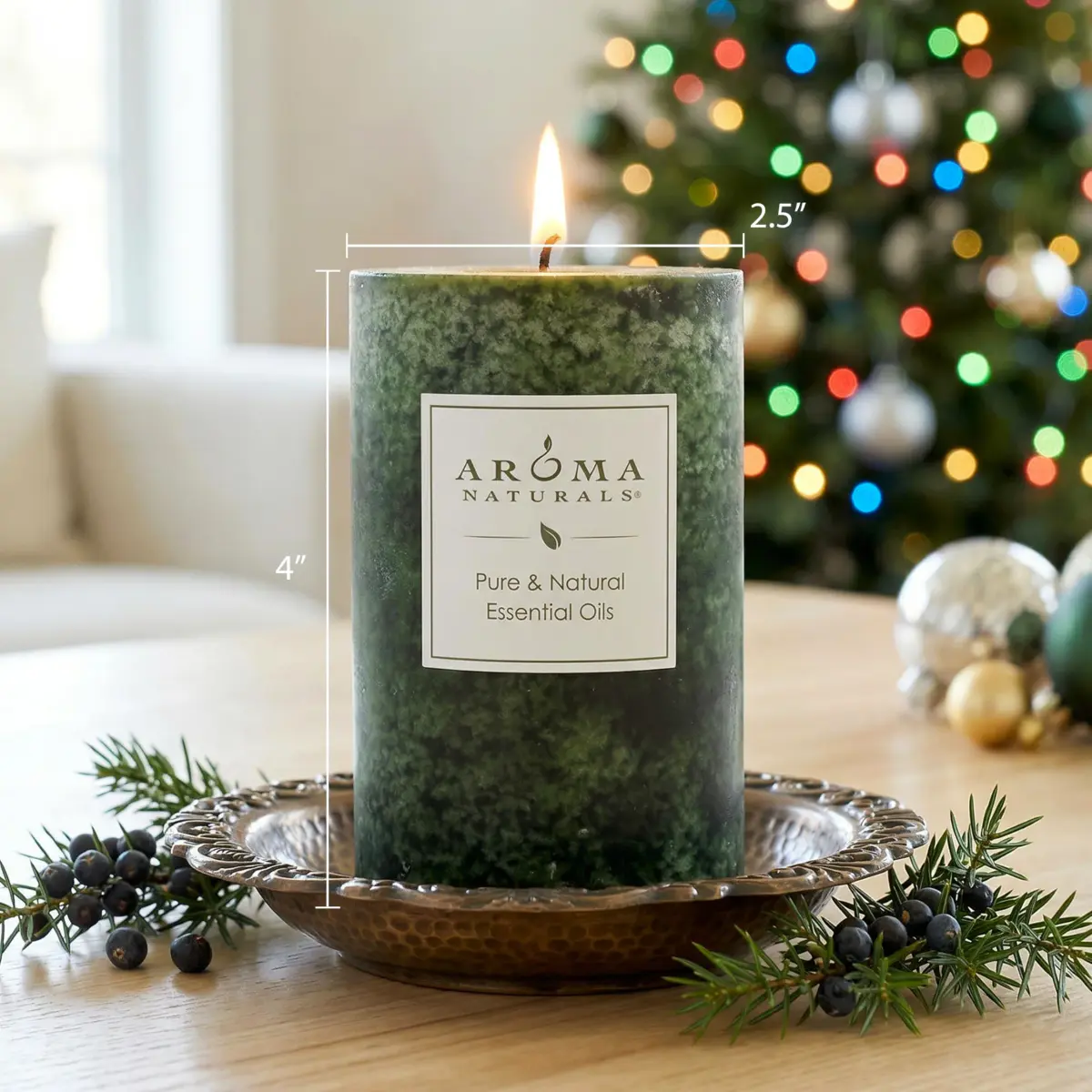 Aroma Naturals Holiday Juniper, Spruce & Basil Pillar Candle 6.35cm x 10.16cm | Fresh Forest Scented Candle - view 8