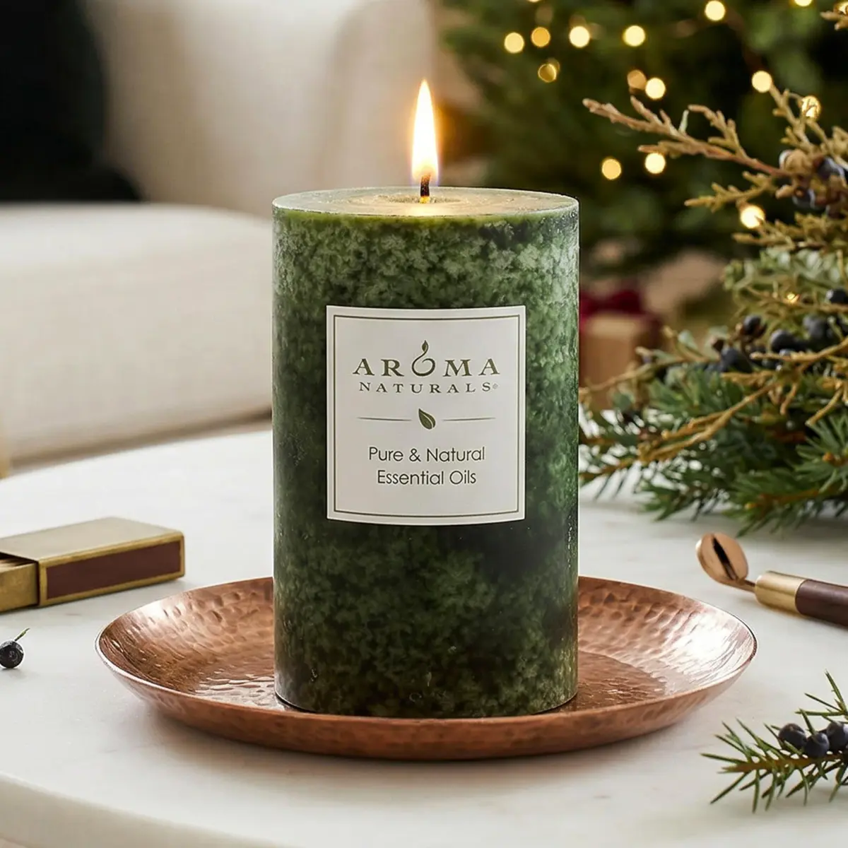 Aroma Naturals Holiday Juniper, Spruce & Basil Pillar Candle 6.35cm x 10.16cm | Fresh Forest Scented Candle - view 4