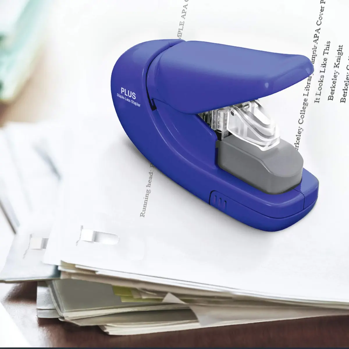 PLUS Paper Clinch Compact Staple-Free Stapler, Heavy Duty, Navy Blue | Fast paper fastening up to 5 sheets, eco-friendly, lightweight, durable - view 5