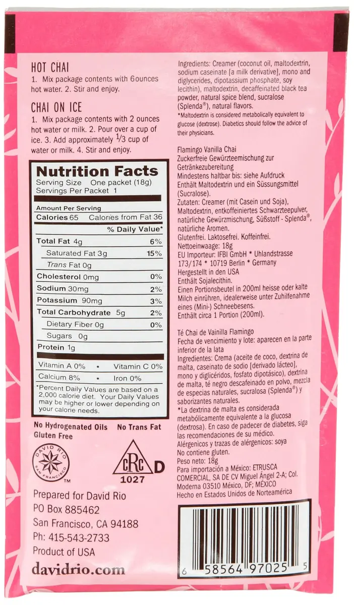 David Rio Decaf Sugar Free Chai Tea Packets 0.634 Oz | Flamingo Vanilla, 12 Count (Pack of 4) - view 2