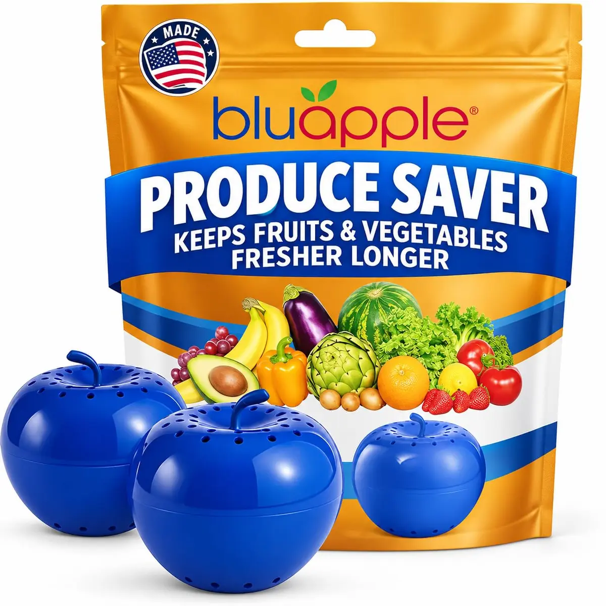 BluApple Produce Saver Ethylene Gas Absorber - Fresh Fruit & Vegetable Storage for Refrigerator Crisper, Shelves & Fruit Bowls, Produce Keeper, Fruit Saver, Kitchen Must Haves, BPA-Free - 2-Pack - main product image
